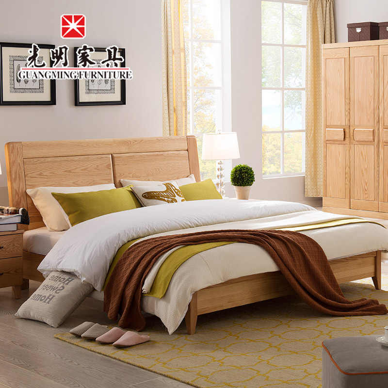 【光明家具】現代簡約雙人床1.8米1.5米全實木大床北歐 臥室家具紅橡木婚床 WX3-1503-180