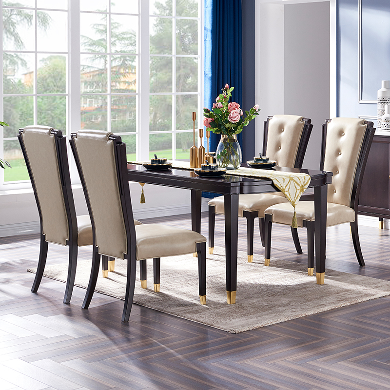 【光明家具】美式輕奢實木餐桌椅家用長方形簡約餐臺飯桌皮藝餐椅組合