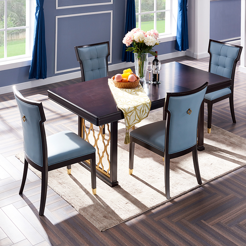 【光明家具】輕奢實木餐桌椅家用長方形簡約餐臺飯桌皮藝餐椅組合